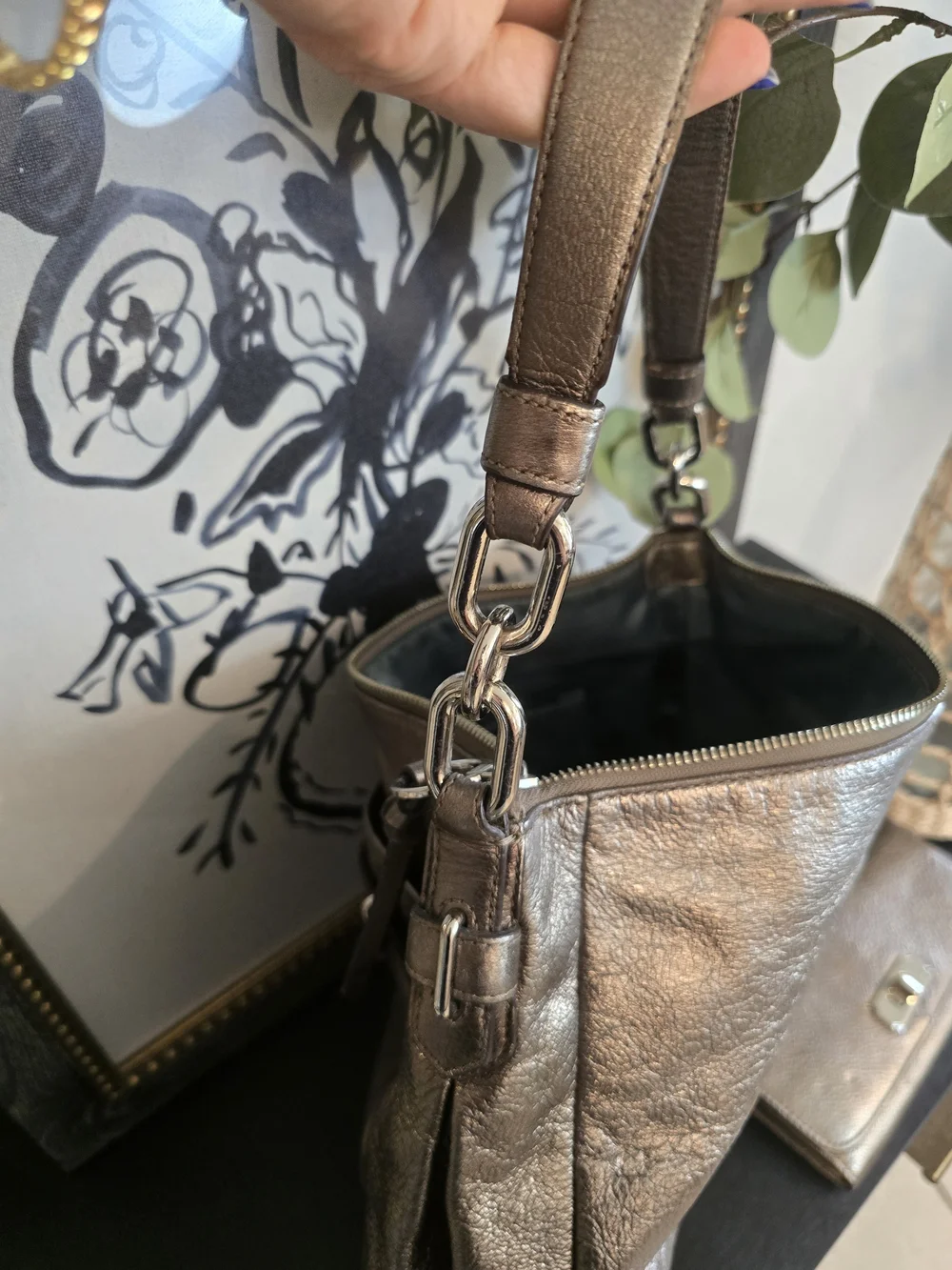 Coach Chelsea Ashlyn Metallic Pewter Leather Turnlock Hobo Bag With Wallet